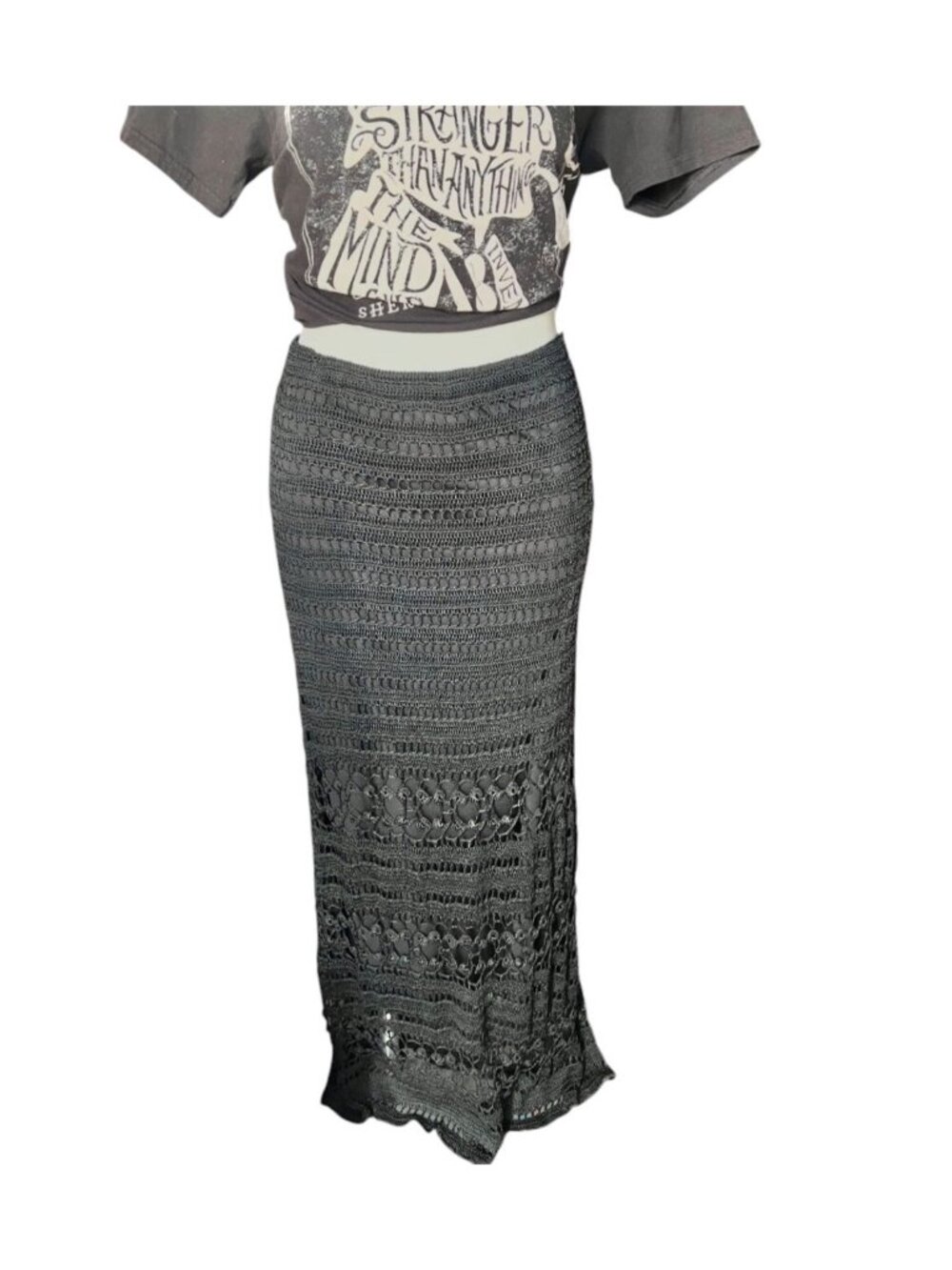 Chicos Maxi Skirt Size 2 Black Crocheted Lace Lined Design 41.5" Length Boho - Picture 2 of 11